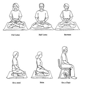 6 examples of sitting positions ideal for meditation, including: Full Lotus, Half Lotus, Burmese, On a Stool, Sciza and On a Chair